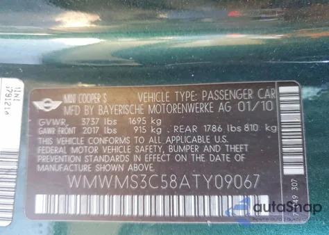 2010 Mini Cooper S из США, поврежденный, VIN WMWMS3C58ATY09067